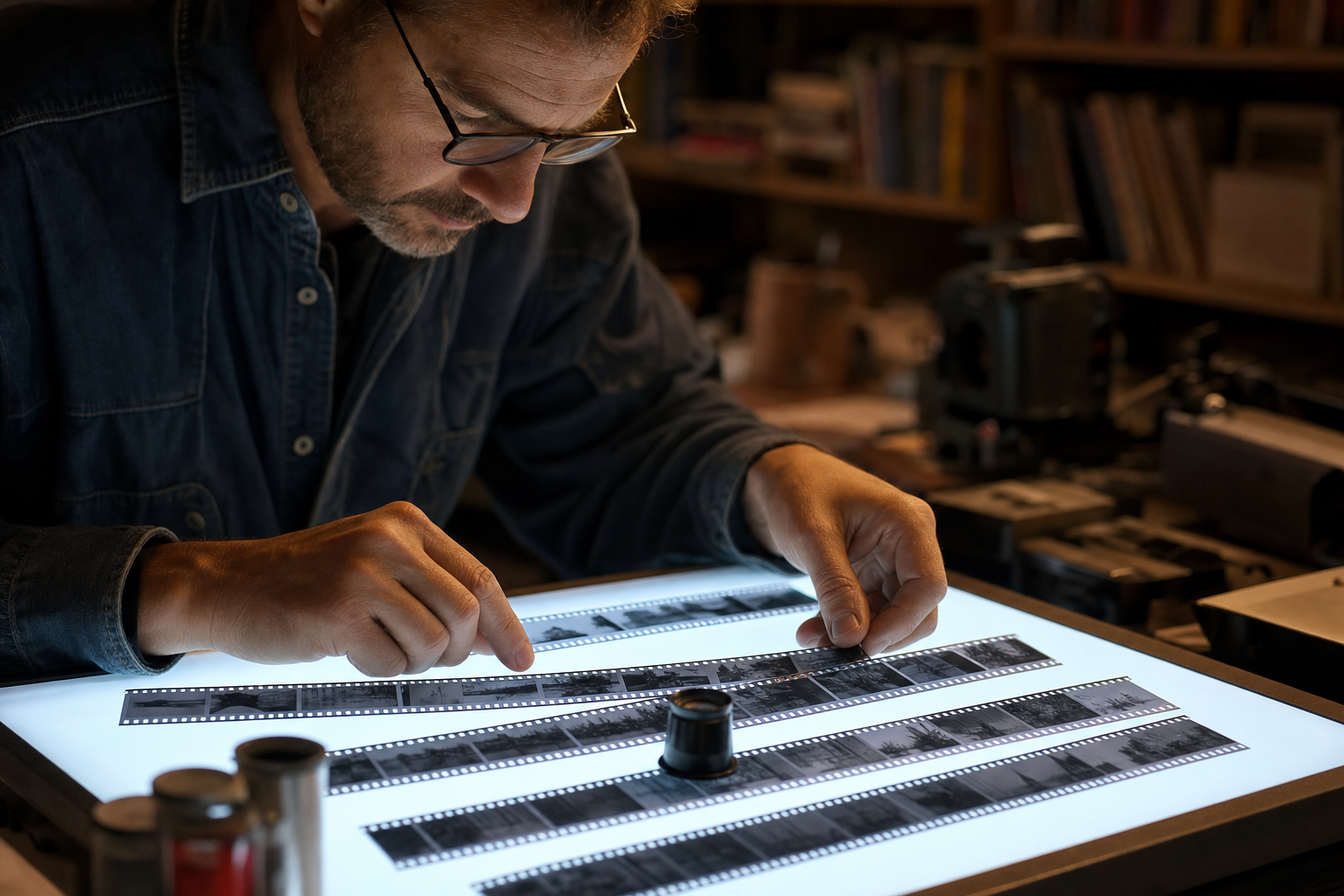 Sélection de négatifs sur table lumineuse