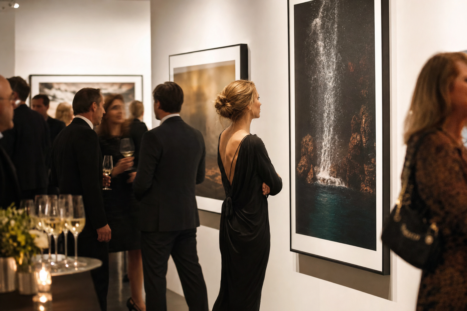 Vernissage avec visiteurs devant des tirages encadrés